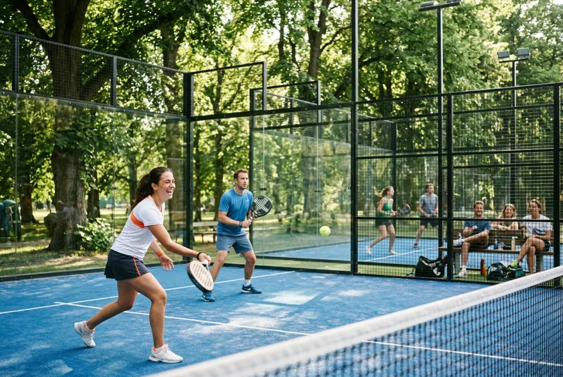 Friends playing padel on park courts under tall trees