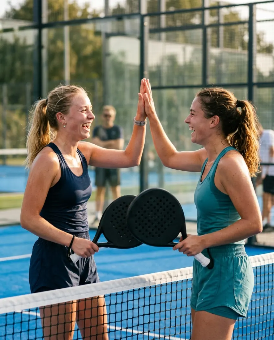 Two women high-five at the net after winning a point