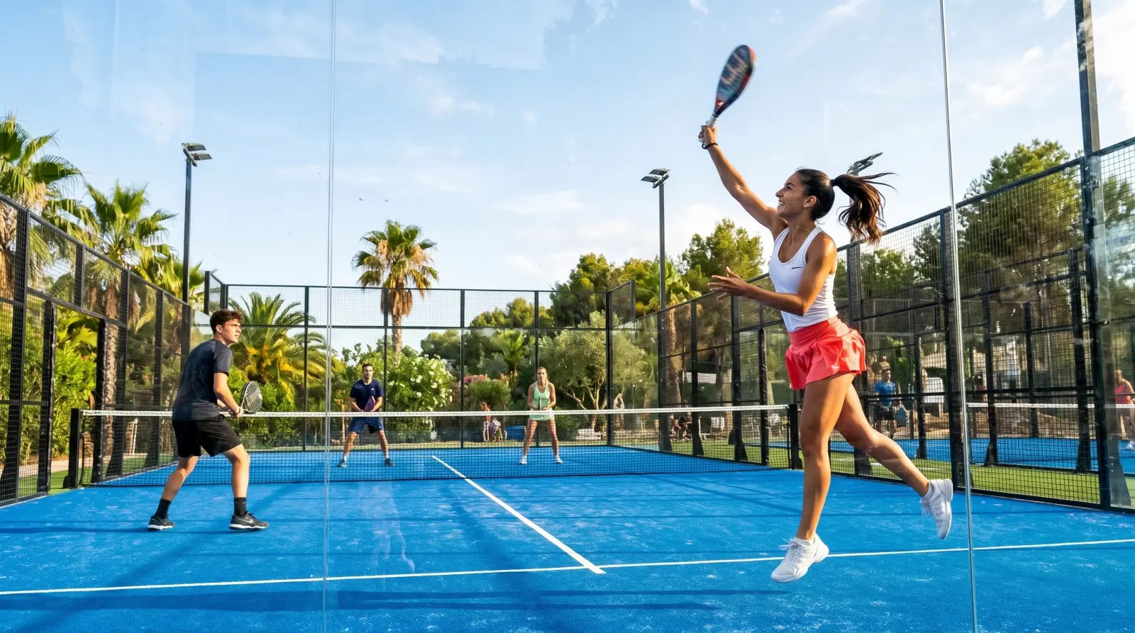 A woman jumps into an overhead smash on a sunny outdoor padel court