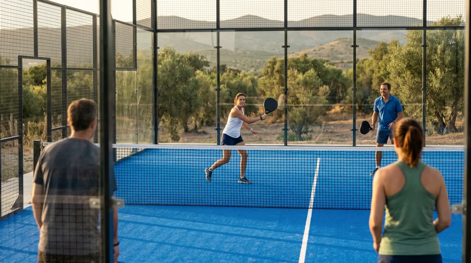 Mixed doubles at golden hour on an outdoor padel court among olive trees