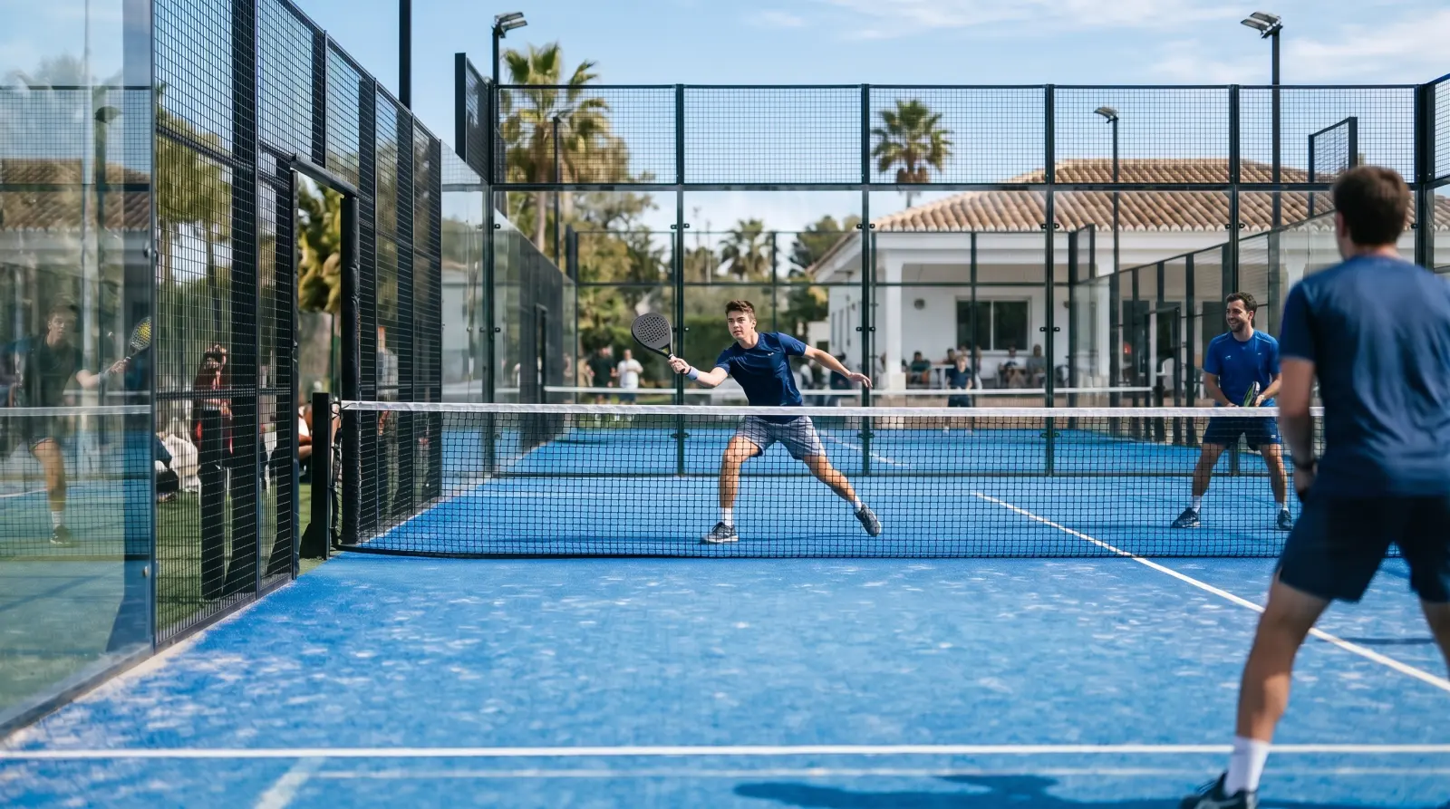A young man volleys at the net on a sunny outdoor padel court